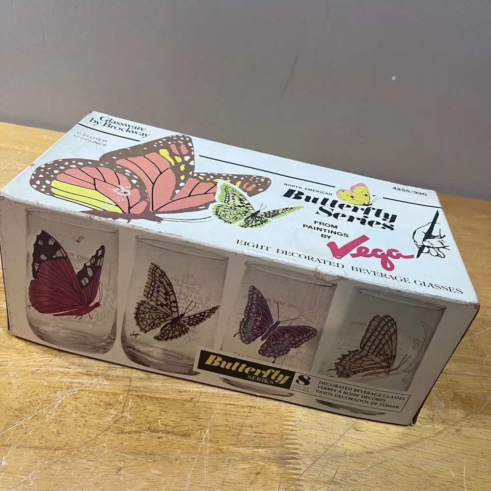 Vtg Brockway Glass Butterfly Series Vega Beverage Glasses Set of 8 MCM 12oz